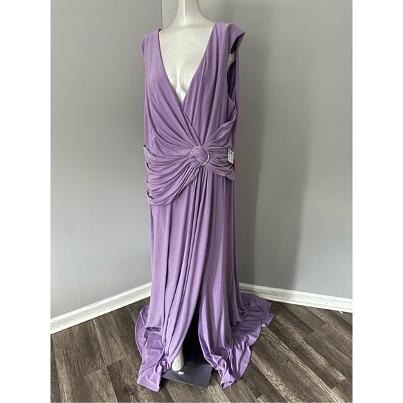 MAC DUGGAL DRAPED SIDE KNOT JERSEY GOWN W/ RHINESTONE RING - Picture 5 of 10